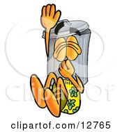 Garbage Can Mascot Cartoon Character Plugging His Nose While Jumping Into Water