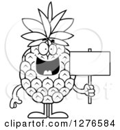 Poster, Art Print Of Black And White Happy Pineapple Character Holding A Blank Sign