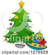 Poster, Art Print Of Happy Cute Alien Boy Flying A Ufo With A Gift By A Christmas Tree