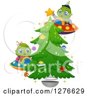 Happy Cute Alien Kids Flying Ufos And Decorating A Christmas Tree