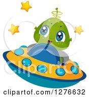 Poster, Art Print Of Happy Cute Alien Boy Flying A Ufo