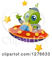 Poster, Art Print Of Happy Cute Alien Boy Waving And Flying A Ufo