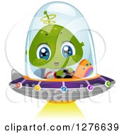 Poster, Art Print Of Happy Cute Alien Boy Flying A Ufo With A Shining Light