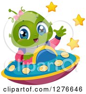 Poster, Art Print Of Happy Cute Alien Girl Waving And Flying A Ufo