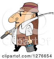 Poster, Art Print Of Cartoon Short White Man Walking In Profile With Fishing Gear
