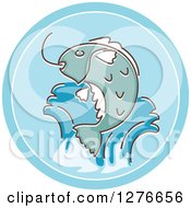 Clipart Of A Jumping Fish Taking Bait And Blue Icon Royalty Free Vector Illustration