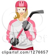 Poster, Art Print Of Blond White Female Hockey Player Holding A Stick
