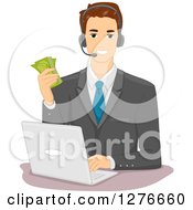 Poster, Art Print Of Brunette White Businessman Holding Cash Wearing A Headset And Working On A Laptop