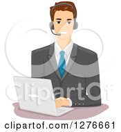 Brunette White Businessman Wearing A Headset And Using A Laptop Computer
