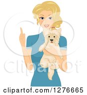 Poster, Art Print Of Happy Blond Woman Holding Up A Finger And A Dog