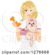 Clipart Of A Happy Blond White Woman Holding A Chew Toy And Dog Royalty Free Vector Illustration