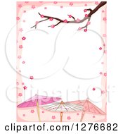 Poster, Art Print Of Branch And Cherry Blossoms Bordering White Text Space With Japanese Umbrellas