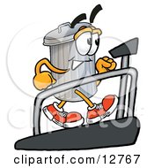 Garbage Can Mascot Cartoon Character Walking On A Treadmill In A Fitness Gym