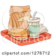 Tray With A Bag Soda And Cheeseburger