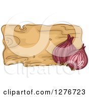 Clipart Of A Sketched Wooden Board With Red Onions Royalty Free Vector Illustration