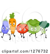 Clipart Of A Happy Eggplant Carrot Tomato Cabbage And Broccoli Walking Together Royalty Free Vector Illustration
