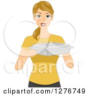 Poster, Art Print Of Happy Blond White Woman Holding Up A Food Warmer