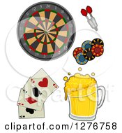 Dart Board Darts Poker Chips Playing Cards And Beer