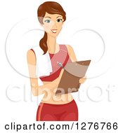 Brunette White Female Personal Fitness Trainer Writing Notes On A Clipboard