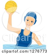 Poster, Art Print Of Happy White Female Water Polo Player Holding Up A Ball