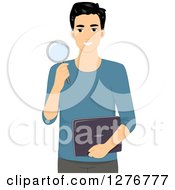 Clipart Of A Young Black Haired Man Holding A Magnifying Glass And Laptop Computer Royalty Free Vector Illustration