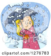 Cold Blond White Woman Walking With An Umbrella In A Blizzard