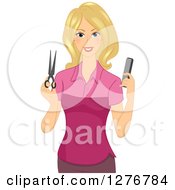 Happy Blond White Hairdresser Woman Holding A Comb And Scissors