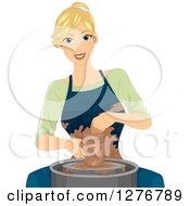 Clipart Of A Happy Blond White Woman Molding Clay On A Pottery Wheel Royalty Free Vector Illustration