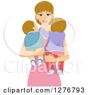 Poster, Art Print Of Happy Dirty Blond White Mother Or Babysitter Holding Her Babies