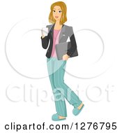 Poster, Art Print Of Dirty Blond White Woman Half Dressed For Work Holding A Cup Of Coffee
