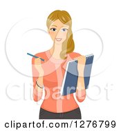 Clipart Of A Dirty Blond White Female Artist Holding A Sketch Pad Royalty Free Vector Illustration by BNP Design Studio