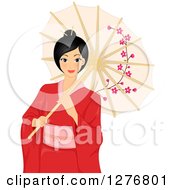 Poster, Art Print Of Beautiful Asian Woman In A Red Kimono Holding A Parasol