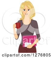 Poster, Art Print Of Happy Blond Female Blogger Holding A Cup Of Coffee And A Pink Laptop