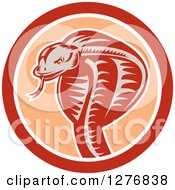 Retro Woodcut Cobra Snake In An Orange And White Circle