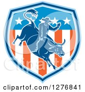 Poster, Art Print Of Retro Woodcut Male Rodeo Cowboy On A Bucking Bull In An American Flag Shield