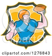 Poster, Art Print Of Cartoon Male Caucasian Football Player Quarterback With A Ball In A Yellow Green And White Shield