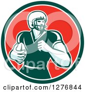 Clipart Of A Retro Male Caucasian Football Player Runningback With A Ball In A Green White And Red Circle Royalty Free Vector Illustration