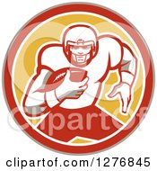 Poster, Art Print Of Retro Male Caucasian Football Player Runningback With A Ball In A Taupe Orange White And Yellow Circle