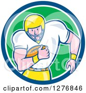 Poster, Art Print Of Cartoon Caucasian Male Football Player Fullback With A Ball In A Blue White And Green Circle