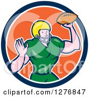 Poster, Art Print Of Cartoon Male Caucasian Football Player Quarterback With A Ball In A Blue White And Orange Circle