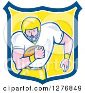 Poster, Art Print Of Cartoon Caucasian Male Football Player Fullback With A Ball In A Blue White And Yellow Shield