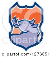 Clipart Of A Cartoon Wild Razorback Boar Pig In A Gray Blue White And Orange Shield Royalty Free Vector Illustration