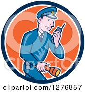 Retro Cartoon Police Man Talking On A Walkie Talkie And Holding A Flashlight In A Blue White And Orange Circle
