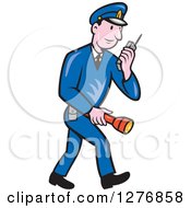 Retro Full Length Cartoon Police Man Talking On A Walkie Talkie And Holding A Flashlight