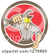 Clipart Of A Retro Mechanic Man Running And Holding A Giant Spanner Wrench In A Bown White And Red Circle Royalty Free Vector Illustration