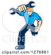 Clipart Of A Retro Full Length Mechanic Man Running And Holding A Giant Spanner Wrench With A Gray Outline Royalty Free Vector Illustration