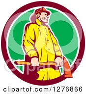 Poster, Art Print Of Retro Fireman Holding An Axe In A Maroon White And Green Circle
