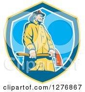 Poster, Art Print Of Retro Fireman Holding An Axe In A Yellow Blue And White Shield