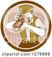 Poster, Art Print Of Retro Male Photographer Taking Pictures In A Brown And White Circle