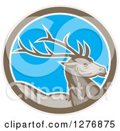 Poster, Art Print Of Retro Buck Deer In A Taupe White And Blue Oval